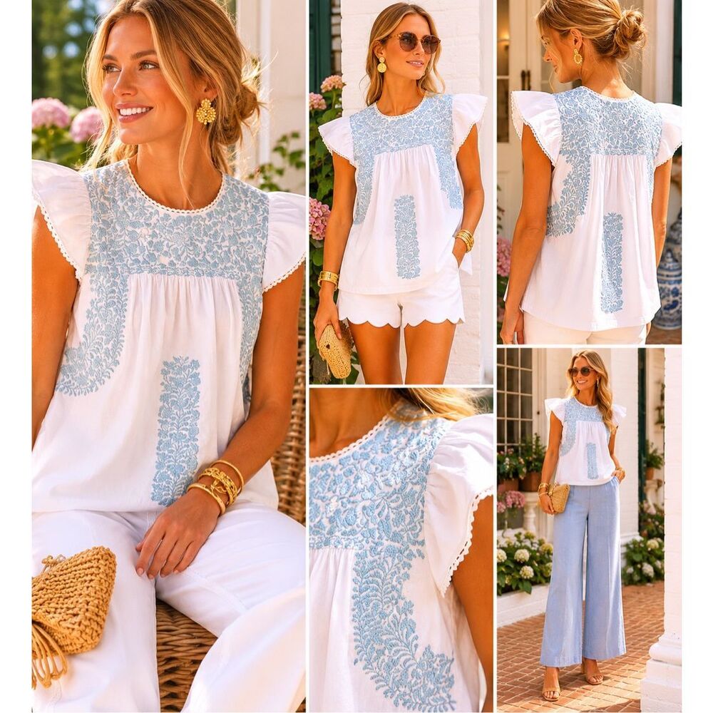 J. Marie White Cotton Embroidered Flutter Sleeve Blouse Blue Floral Boho Resort